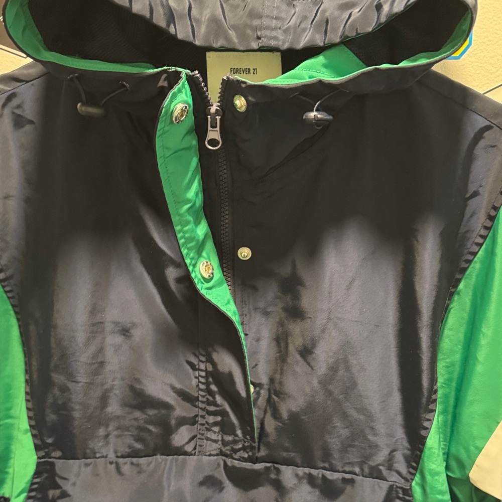 Forever 21 Navy Hoodie with Green & White Accents Rain Jacket - Picture 3 of 5